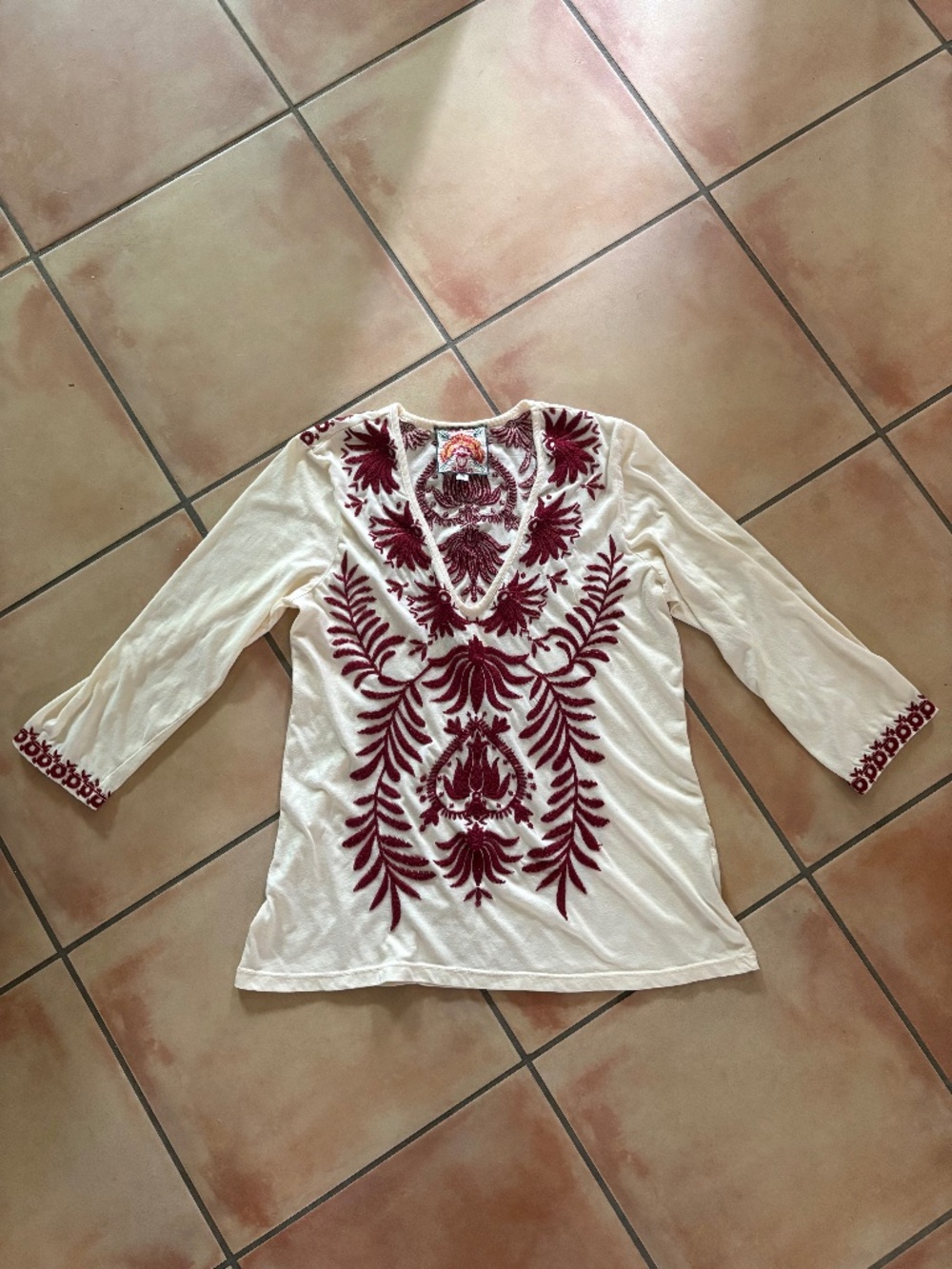 Beautiful Johnny Was Embroidered 3/4 Sleeve Top T-Shirt Tunic Size S